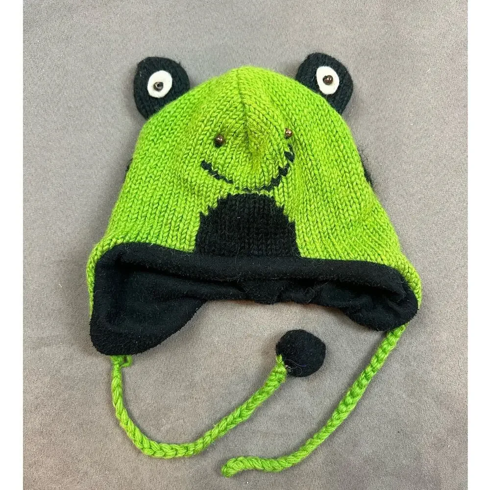Wool Knit Frog Hat Winter Beanie Green Black Kids Youth CUTE Nepal